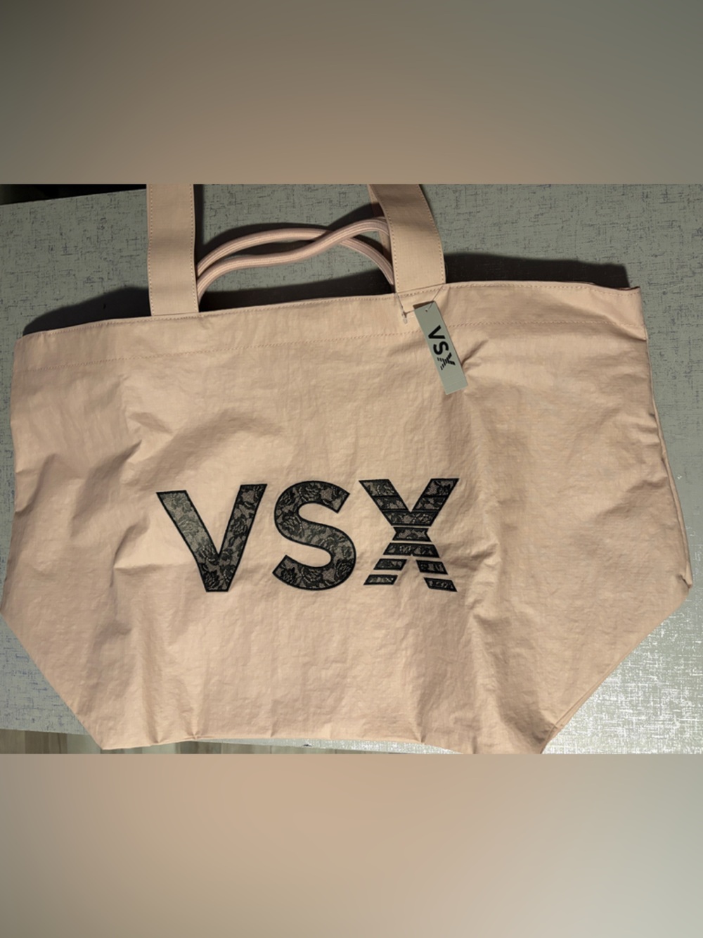 VSX Pale Pink Tote with Black Lace-Pattern Logo